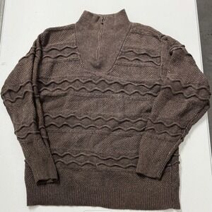 St Johns Bay Cable Knit Sweater Mens L Brown Zip Mock Neck V-Neck Overlay